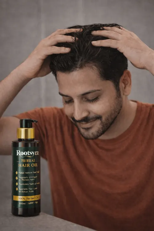 Hands massaging the scalp with Rootsyra Herbal Hair Oil bottle nearby, hair looking nourished.